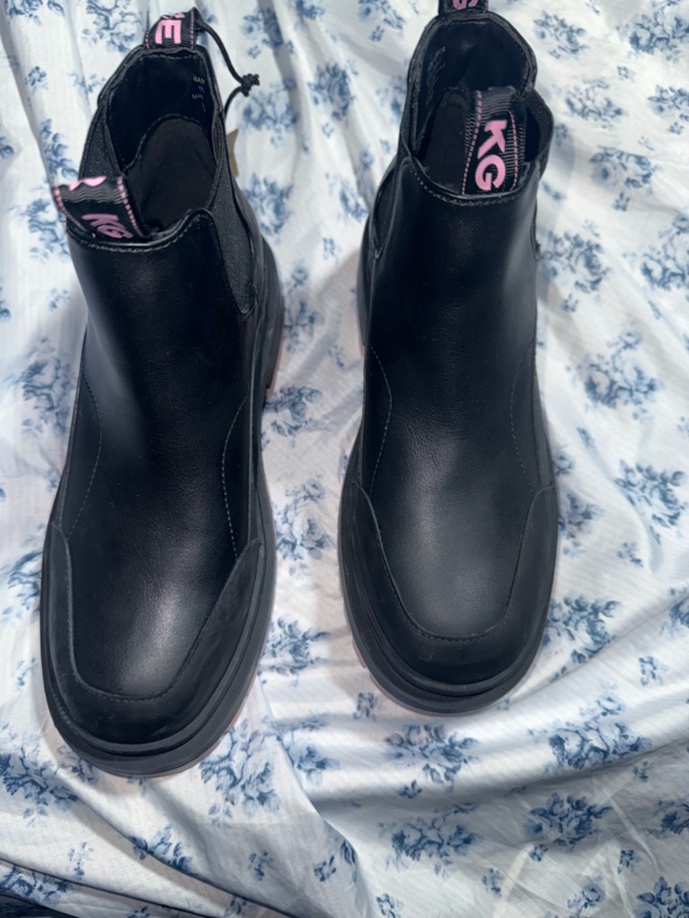Kurt Geiger Black Chelsea Platform Boots with Pink Pull Tabs